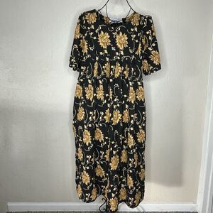 Vintage Phases Black Yellow Floral Cottagecore Patio Dress Womens Size Large